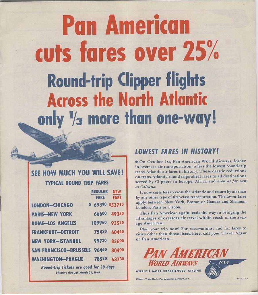 1948, October, An ad for European fares from a Pan American timetable.  The same ad appears in Spanish in the next slide.
